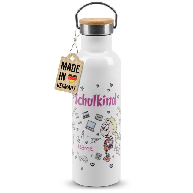 Bild von Trinkflasche mit Bambusdeckel zur Einschulung - Schulkind Mädchen - mit Name selbst gestalten, Weiß 750 ml