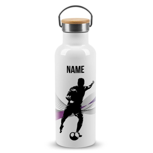 Bild von Trinkflasche mit Bambusdeckel - Fussball Silhouette Mann - mit Name - Weiß 500 ml
