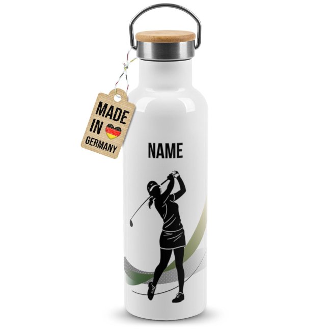Bild von Trinkflasche mit Bambusdeckel - Golf Silhouette Frau - mit Name - Weiß 750 ml
