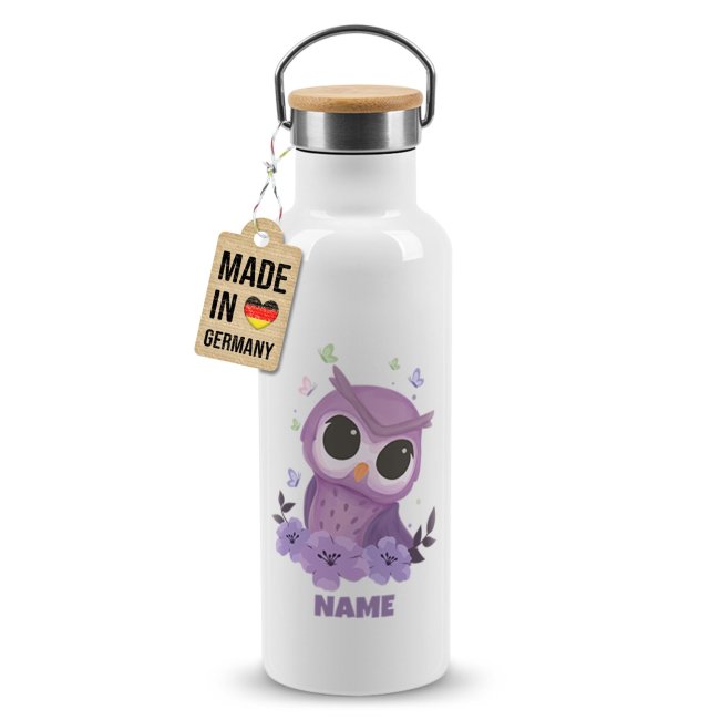 Bild von Trinkflasche mit Bambusdeckel - Eule - mit Name - Weiß 500 ml