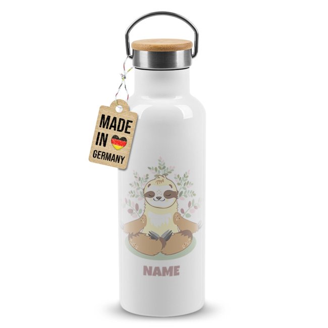 Bild von Trinkflasche mit Bambusdeckel - Faultier - mit Name - Weiß 500 ml