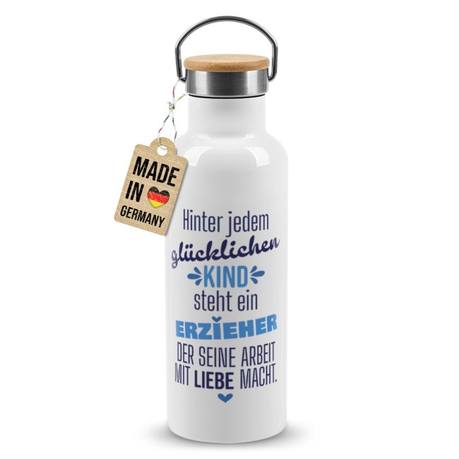 Bild von Trinkflasche mit Bambusdeckel - Hinter jedem Kind steht ein Erzieher - Weiß 500 ml