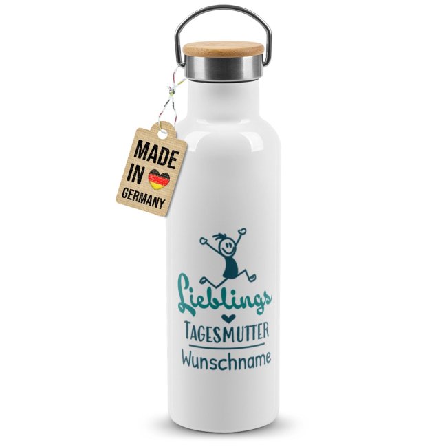 Bild von Trinkflasche mit Bambusdeckel - Lieblings Tagesmutter - mit Name - Weiß 750 ml