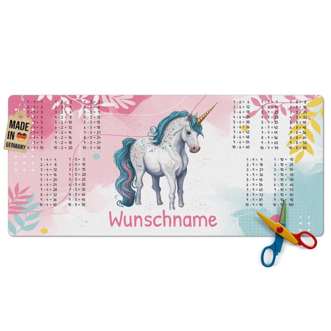 Bild von Schreibtischunterlage für Kinder - Einhorn mit kleinem 1x1 - mit Name personalisierbar - 90 x 40 cm