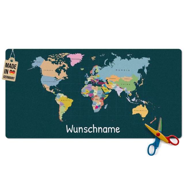 Bild von Schreibtischunterlage für Kinder - Weltkarte - mit Name personalisierbar - 80 x 40 cm
