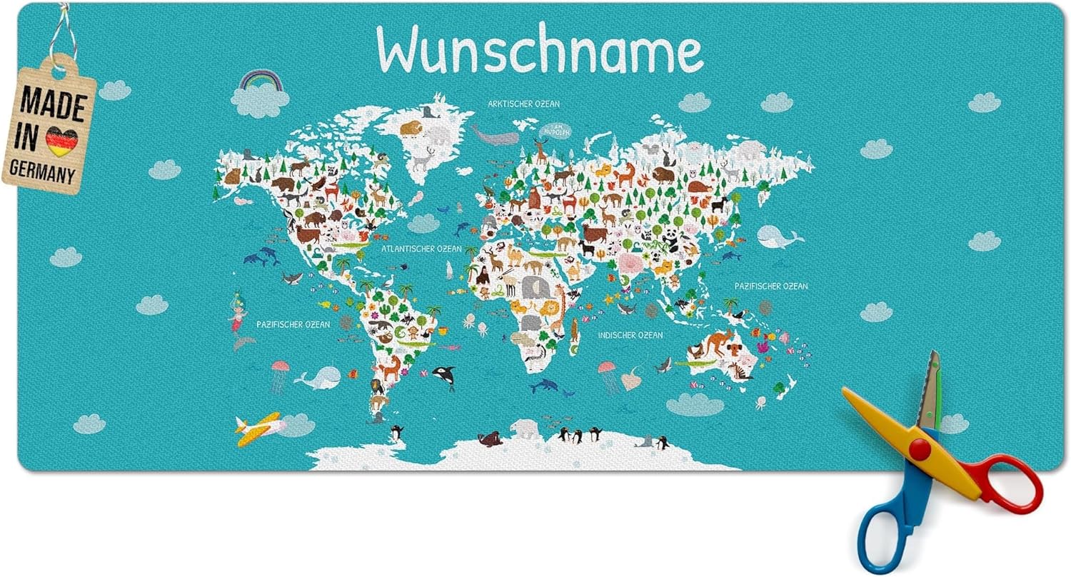Bild von Pr Print Royal Schreibtischunterlage selbst gestalten mit Name - Weltkarte mit Tieren - Waschbar, Personalisierte Geschenke zur Einschulung | 90x40 cm, Rutschfest