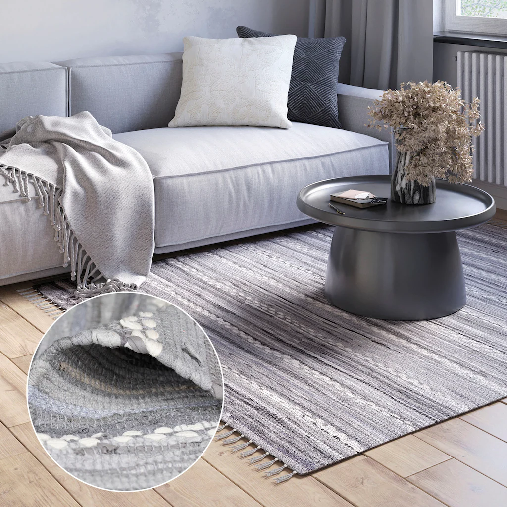 Bild von Myflair Möbel & Accessoires Teppich "Sharon", rechteckig, 10 mm Höhe, Flachgewebe, Fleckerl, 90% Baumwolle, handgewebt, mit Fransen