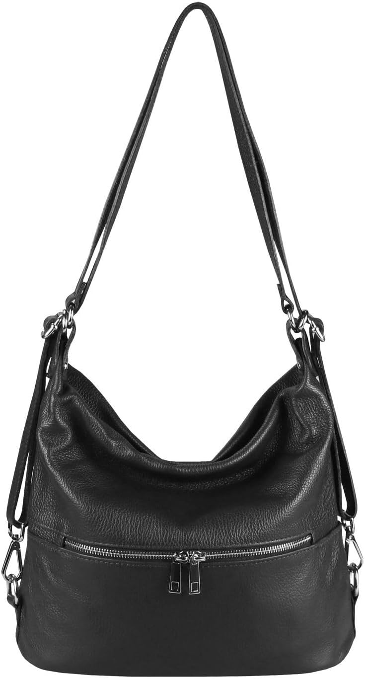 Bild von OBC Made in Italy Damen echt Leder 2in1 Handtasche Rucksack Schultertasche CityRucksack Stadtrucksack Backpack Lederrucksack Daypack Ledertasche Schwarz