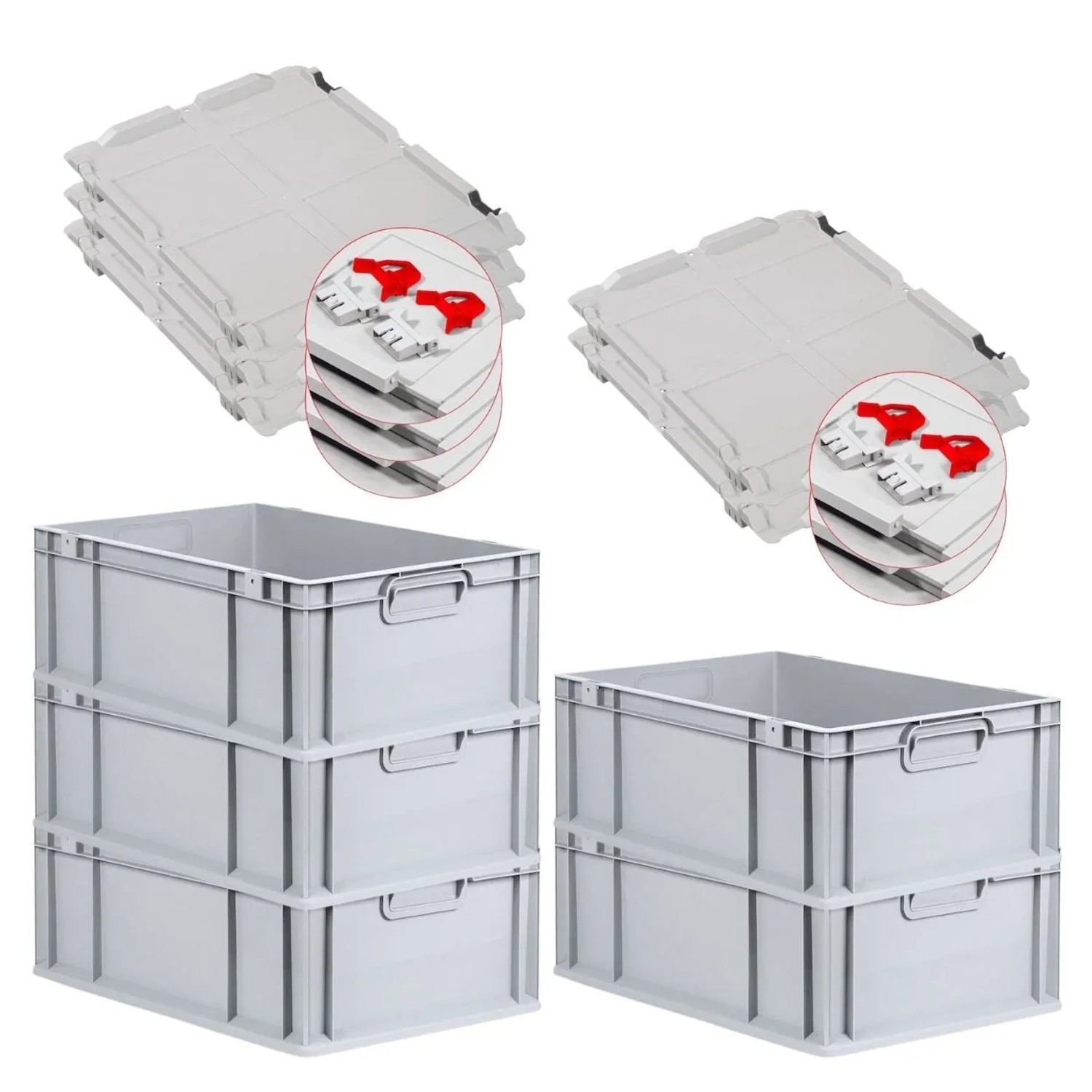 Bild von PROREGAL SuperSparSet 5x Eurobox NextGen Grip mit Scharnierdeckel und Roten Schiebeschnappverschlüssen HxBxT 22 x 40 x 60 cm 44 Liter