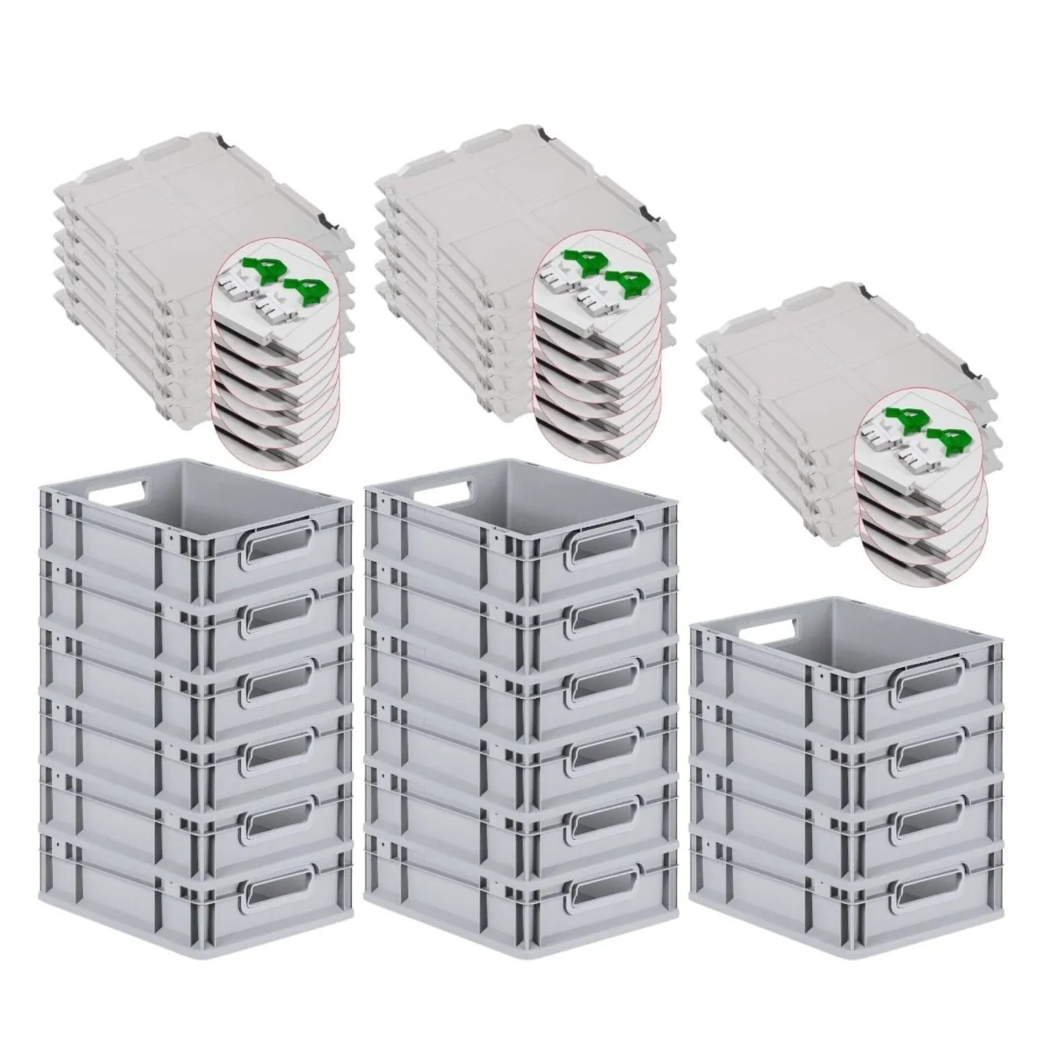 Bild von PROREGAL SuperSparSet 16x Eurobox NextGen Grip mit Scharnierdeckel und Grünen Schiebeschnappverschlüssen HxBxT 12 x 30 x 40 cm 11 Liter Griffe