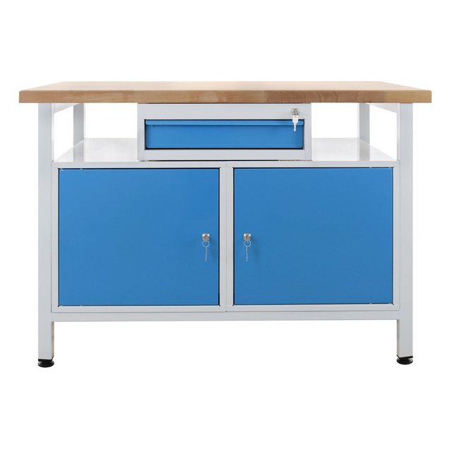 Bild von PROREGAL Werkbank Rhino mit Einzelschublade 2 Türen HxBxT 84 x 120 x 60 cm Traglast 300 kg Lichtgrau Lichtblau