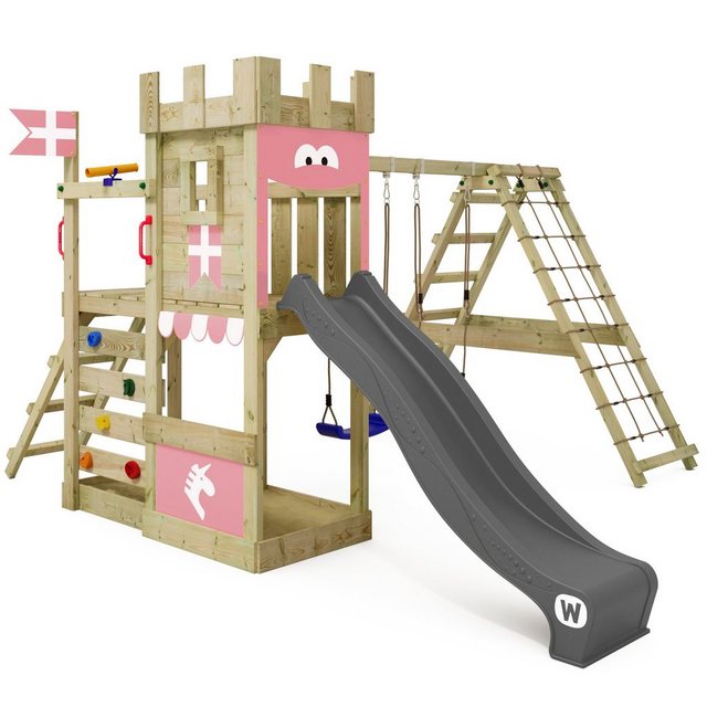 Bild von WICKEY Spielturm Ritterburg DragonFlyer mit Schaukel & pastellpinker Rutsche, Outdoor Kinder Kletterturm mit Sandkasten, Leiter & Spiel-Zubehör für den Garten