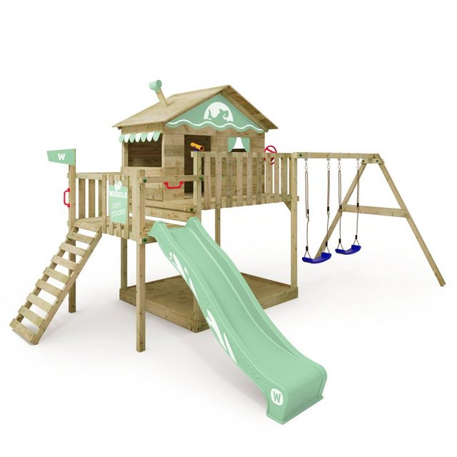 Bild von WICKEY Spielturm Klettergerüst Smart Coast mit Schaukel & pastellgrüner Rutsche, Outdoor Kinder Kletterturm mit Sandkasten, Leiter & Spiel-Zubehör für den Garten