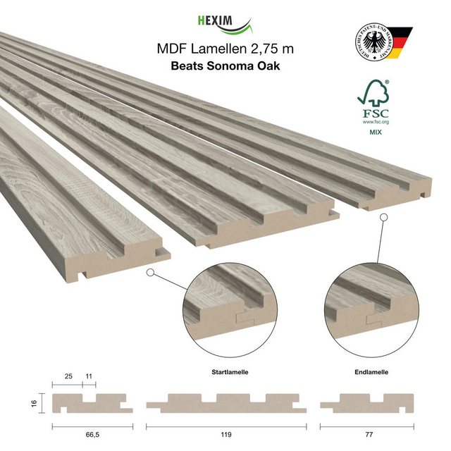 Bild von Hexim Wanddekoobjekt Beats Standard Sonoma Oak (Beats Lamellen 2,75m MDF Lamellenwand Wandpaneele Lamellenverkleidung Wandverkleidung Akusiktpaneele Holzpaneele Natur Holz (8 Paneele & Zubehör, Beats Standard Sonoma Oak)