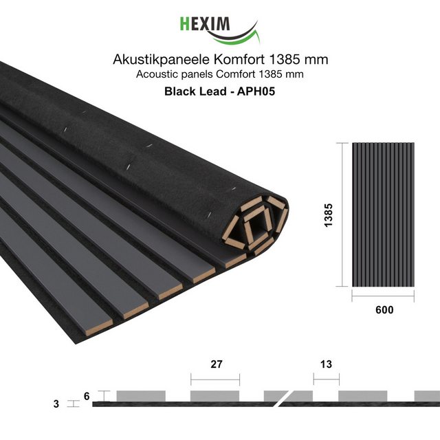 Bild von Hexim Wanddekoobjekt APH05 (Akustikpaneele 138,5x60cm - flexible Lamellenwand Holz MDF Wandpaneele Lamellenverkleidung Wandverkleidung Innendekoration schalldämmend (1 Paneel / 0,83 m² Black Lead - APH05)