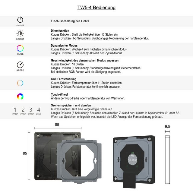 Bild von Hexim LED Stripe 12-48V Controller & Steuerung - (TW5-4 Schwarz - 4 Zonen Wandschalter), 12-48V Controller & Steuerung - (TW5-4 Schwarz - 4 Zonen Wandschalter)