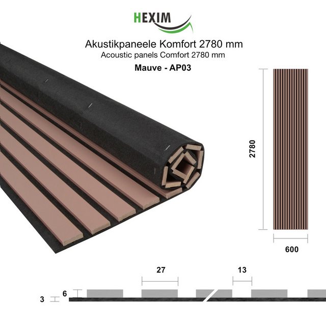 Bild von Hexim Wanddekoobjekt AP03 (Akustikpaneele 278x60cm - flexible Lamellenwand Holz MDF Wandpaneele Lamellenverkleidung Wandverkleidung Innendekoration schalldämmend (4 Paneele / 6,68 m² Mauve - AP03)