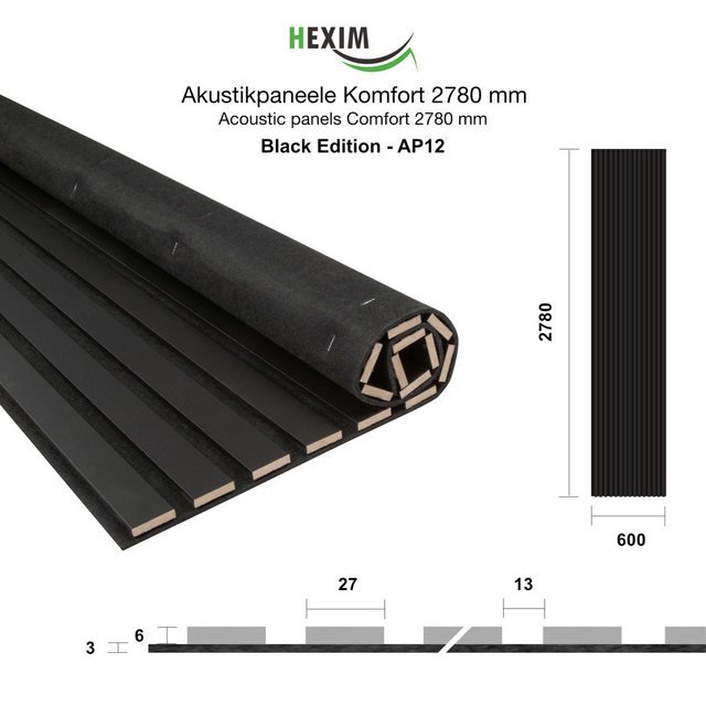 Bild von Hexim Wanddekoobjekt AP12 (Akustikpaneele 278x60cm - flexible Lamellenwand Holz MDF Wandpaneele Lamellenverkleidung Wandverkleidung Innendekoration schalldämmend (4 Paneele / 6,68 m² Black Edition - AP12)