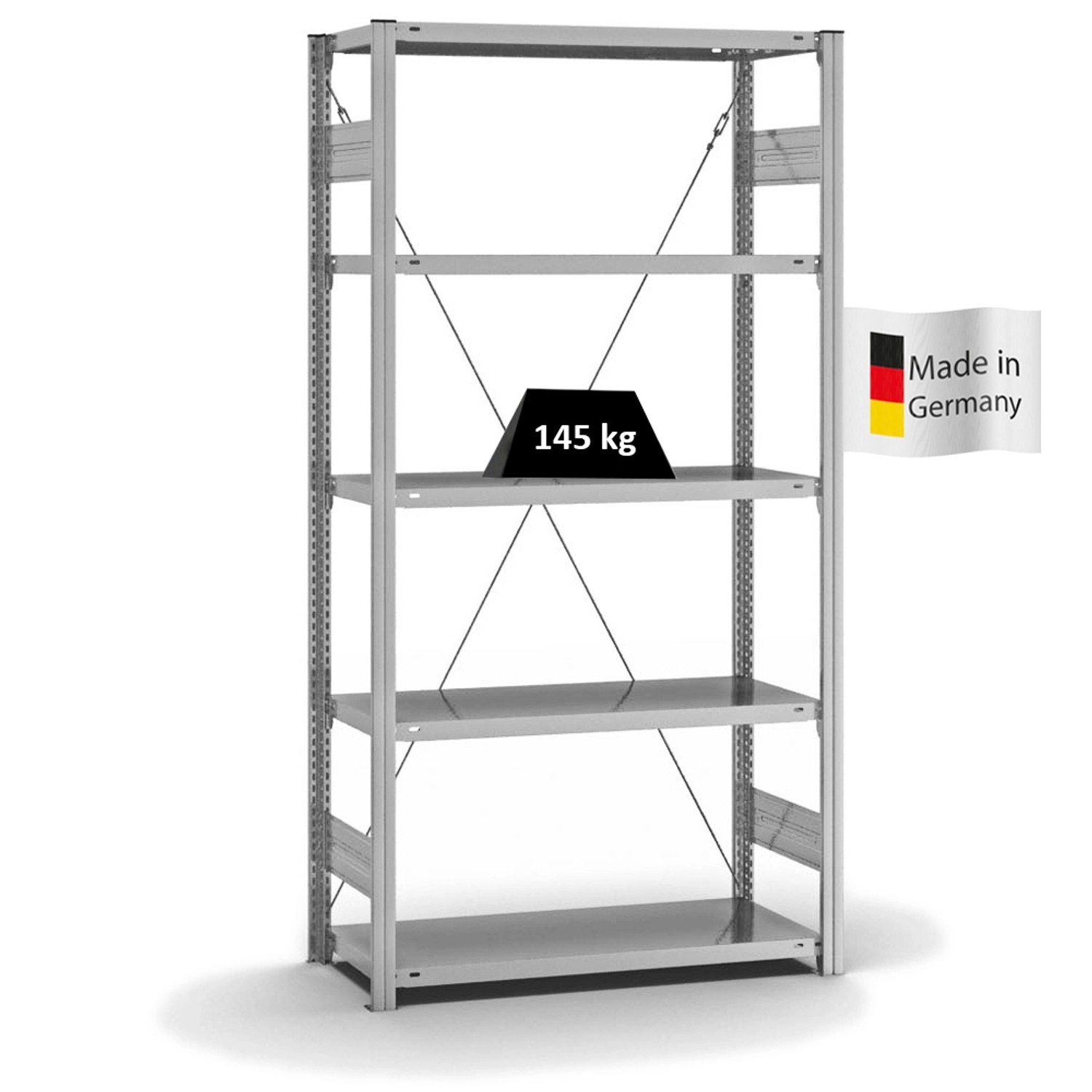 Bild von PROREGAL Fachbodenregal Stecksystem T-Profil Light-Duty Grundregal HxBxT 200 x 100 x 40 cm 5 Ebenen Fachlast 145 kg Einseitig Nutzbar Verzinkt