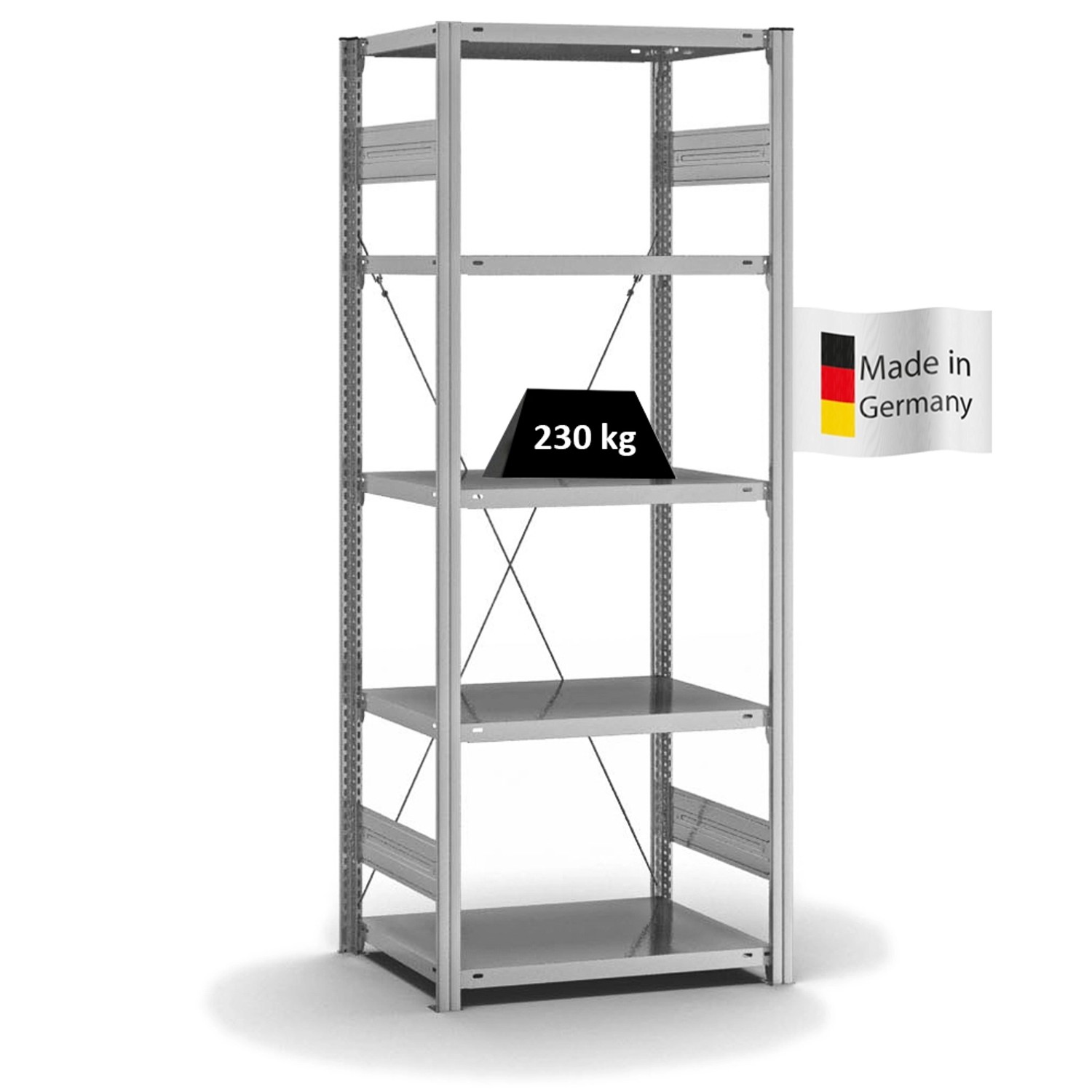 Bild von PROREGAL Fachbodenregal Stecksystem T-Profil Medium-Duty Grundregal HxBxT 200 x 75 x 50 cm 5 Ebenen Fachlast 230 kg Einseitig Nutzbar Verzinkt