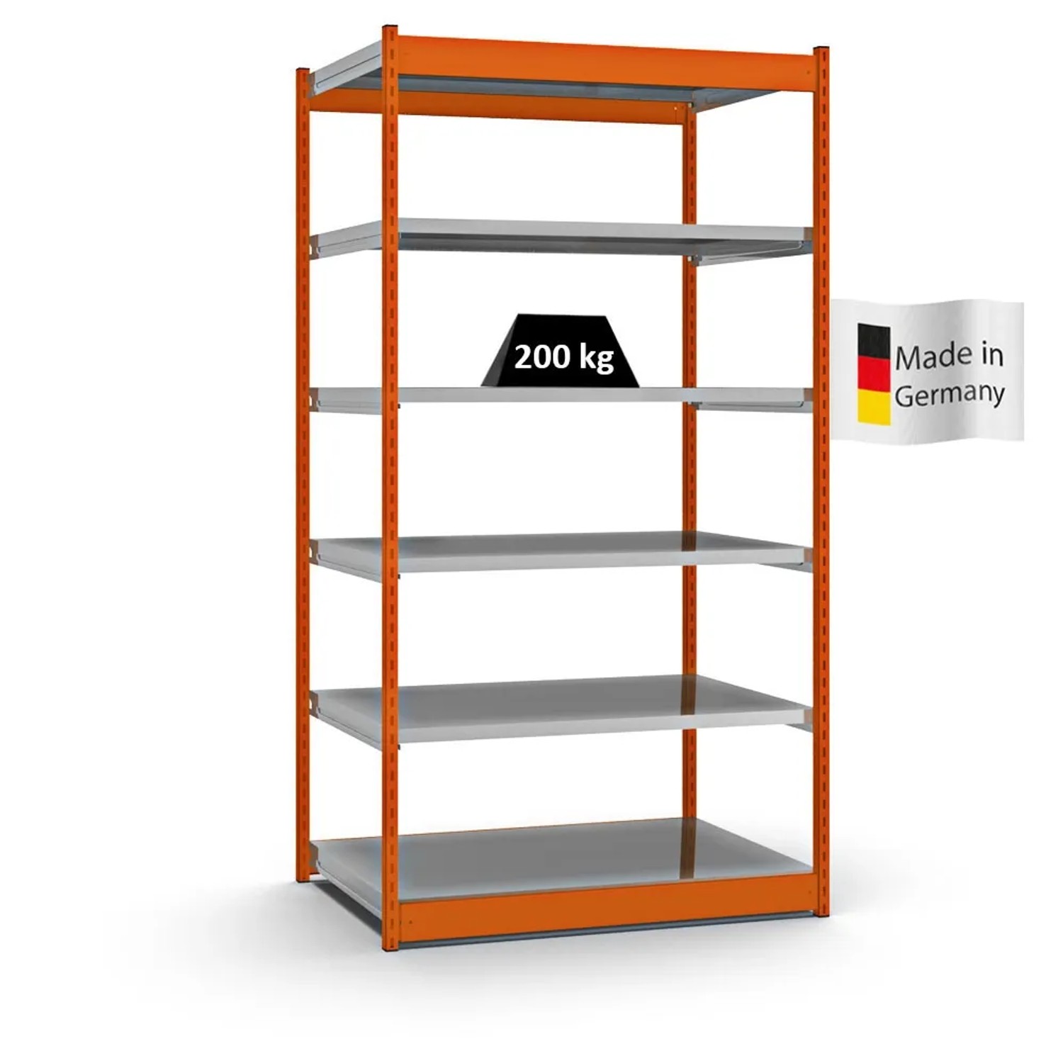 Bild von PROREGAL Fachbodenregal Stecksystem Vierkant-Profil Grundregal HxBxT 250 x 132,5 x 80 cm 6 Ebenen Einseitige Bauart Fachlast 200 kg Orange