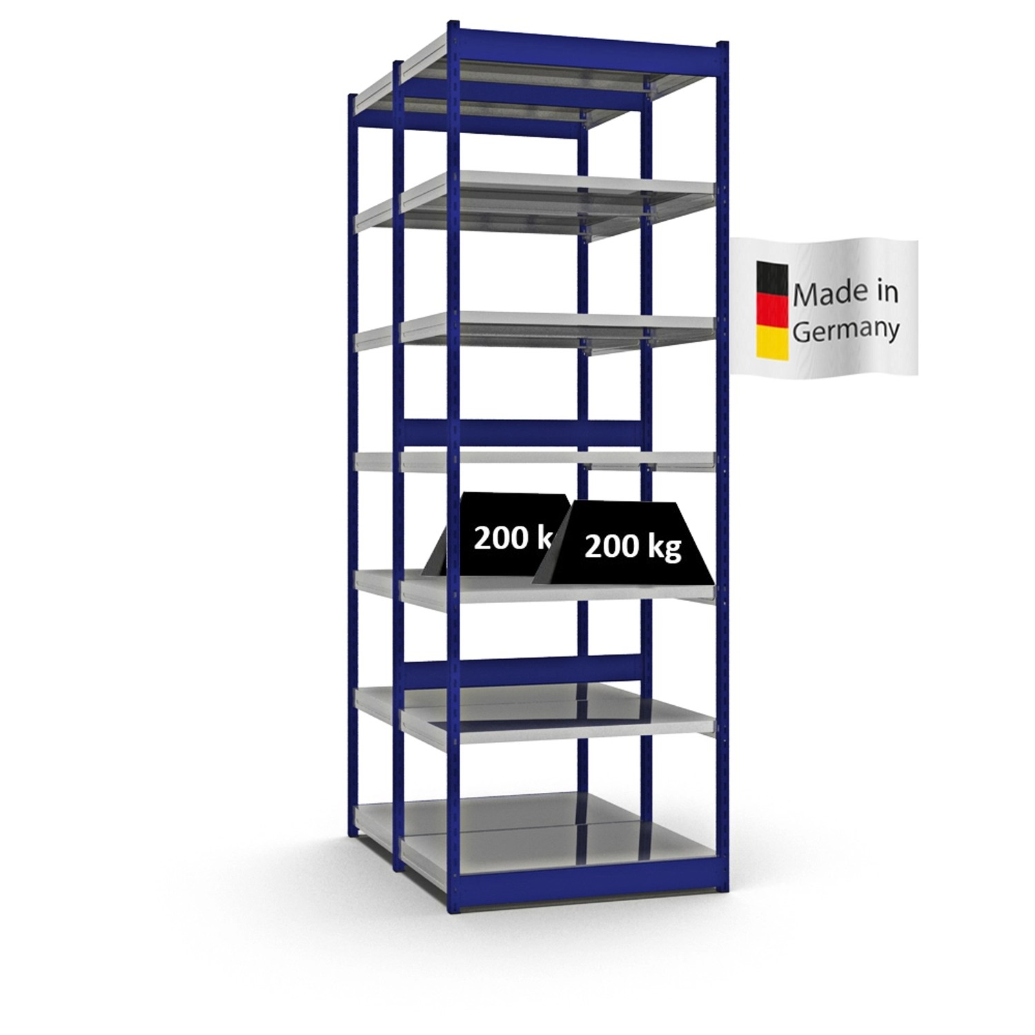 Bild von PROREGAL Fachbodenregal Stecksystem Vierkant-Profil Grundregal HxBxT 300 x 102,5 x 60 cm 2x7 Ebenen Doppelseitige Bauart Fachlast 200 kg Enzianblau