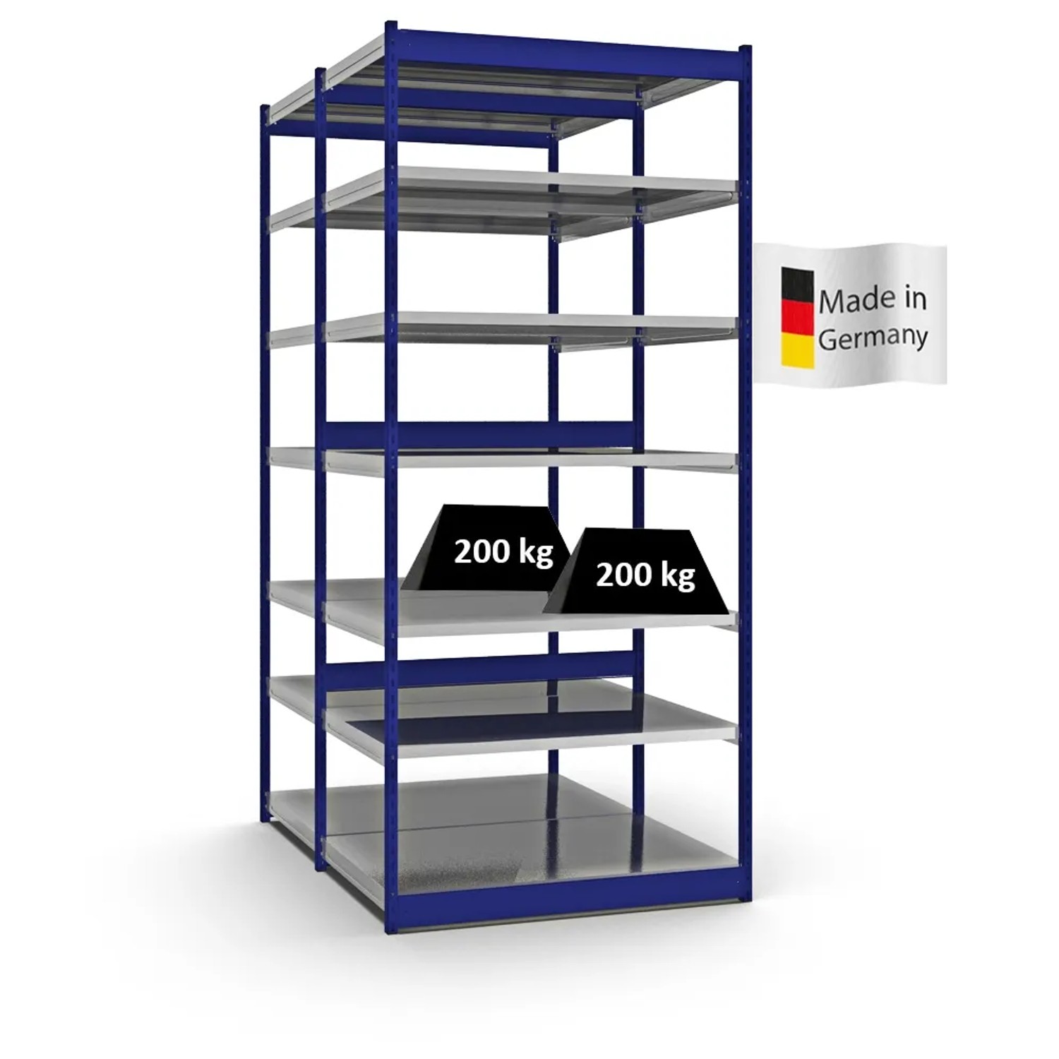 Bild von PROREGAL Fachbodenregal Stecksystem Vierkant-Profil Grundregal HxBxT 300 x 132,5 x 80 cm 2x7 Ebenen Doppelseitige Bauart Fachlast 200 kg Enzianblau