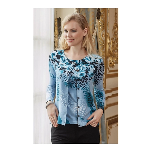 Bild von Elegantes Passioni Cardigan Twinset im Leoparden- und Rosenmuster-Mix in Blau