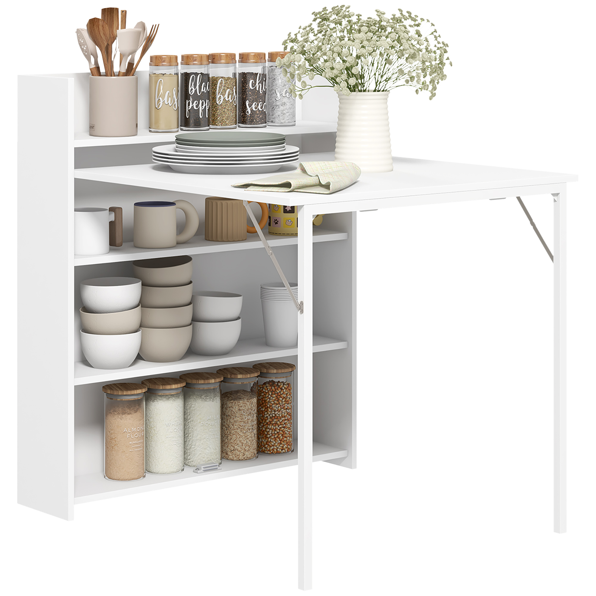 Bild von HOMCOM Esstisch Klappbar Küchentisch mit 4-stufigen Regalen für 3 Personen, Klapptisch mit Anti-Kipp-Schutz für kleine Räume, Küche, Esszimmer, 80 x 90 x 93 cm, Weiß   Aosom