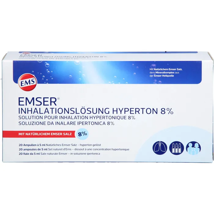 Bild von Emser Inhalationslösung hyperton 8%: Lösung mit Natürlichem Emser Salz zum Inhalieren mit Verneblergeräten bei Mukoviszidose und Bronchiektasen, 20 gebrauchsfertige Ampullen á 5 ml