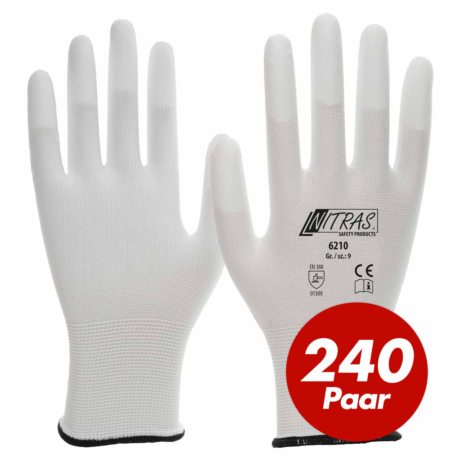 Bild von NITRAS Nylon-Handschuhe 6210 mit weißer PU-Fingerkuppenbeschichtung - 240 Paar Größe:7