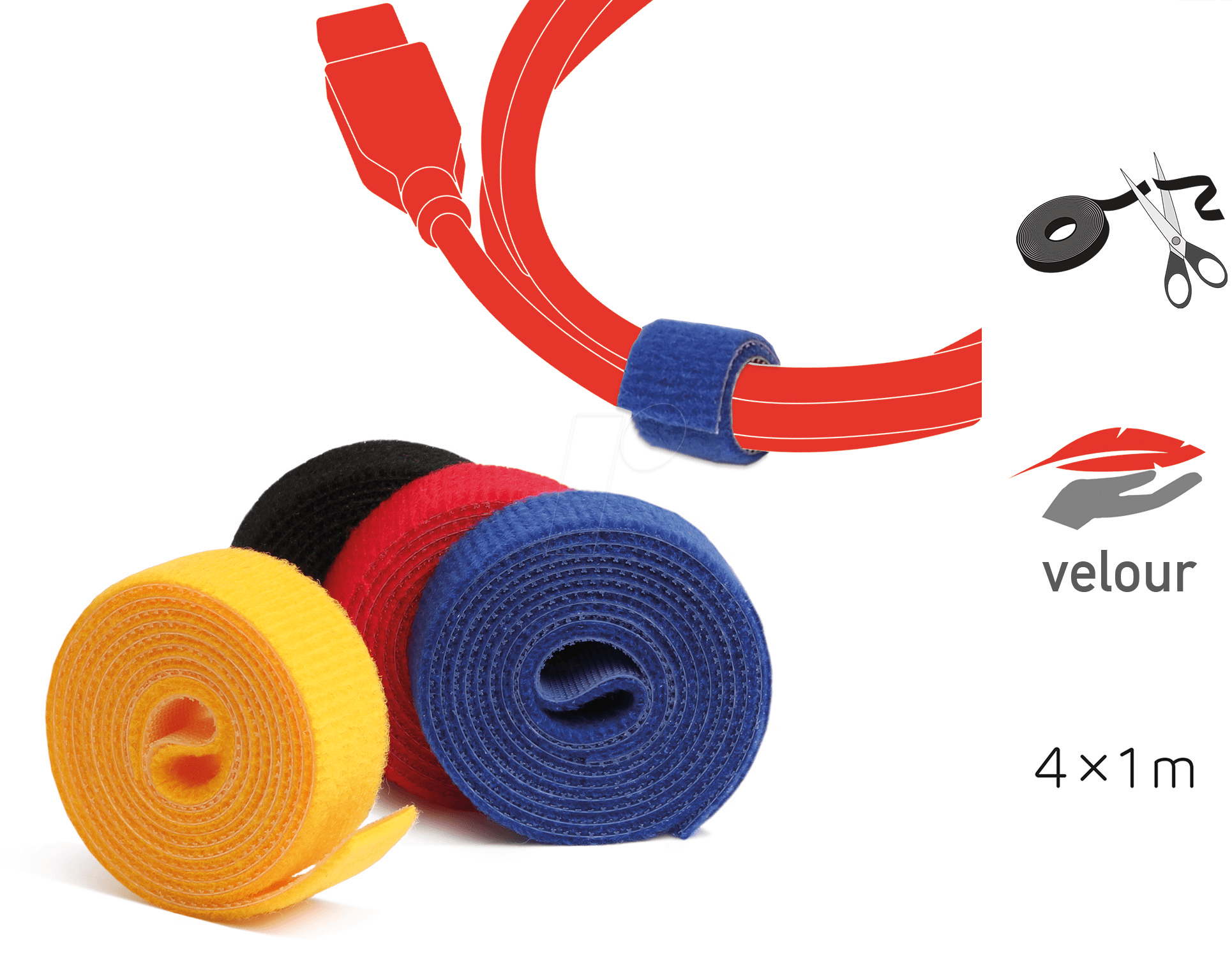 Bild von LABEL THE CABLE® 4x1m Klettband beidseitig bunt, Klett Kabelbinder in jeder Länge aus doppelseitigem Klettband zum Bündeln und Markieren von Kabeln, für das Perfekte Kabelmanagement - Velours-Qualität