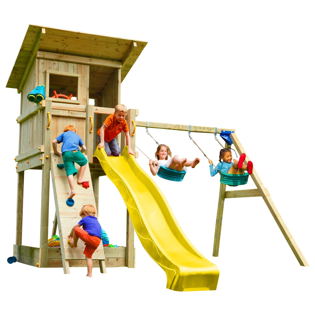 Bild von Spielturm BEACH HUT mit Rutsche + Doppelschaukel + Kletterwand Gelb 150 m