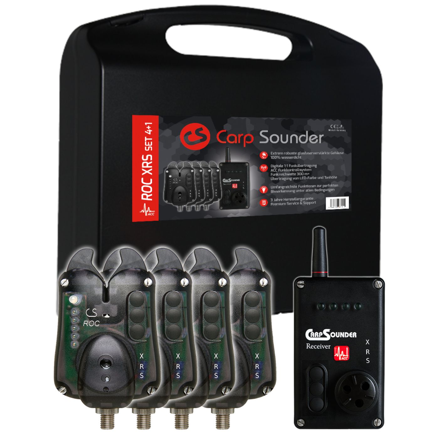 Bild von Carp Sounder elektronischer Bissanzeiger Carp Sounder ROC XRS Neon Black Set 4+1- 4 Bissanzeiger + 1 Receiver