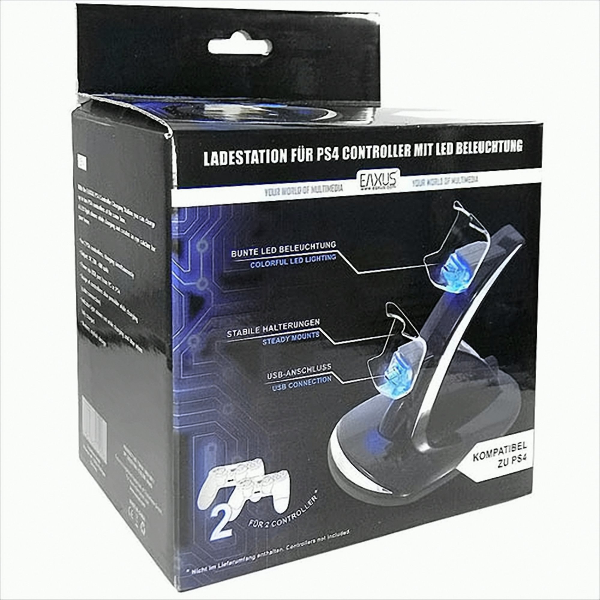 Bild von EAXUS Aufladestation Halterung mit LED-Beleuchtung für PlayStation 4 Controller-Ladestation (480,00 mA, 1-tlg., modernes Design, Stromversorgung per USB direkt über Konsole)