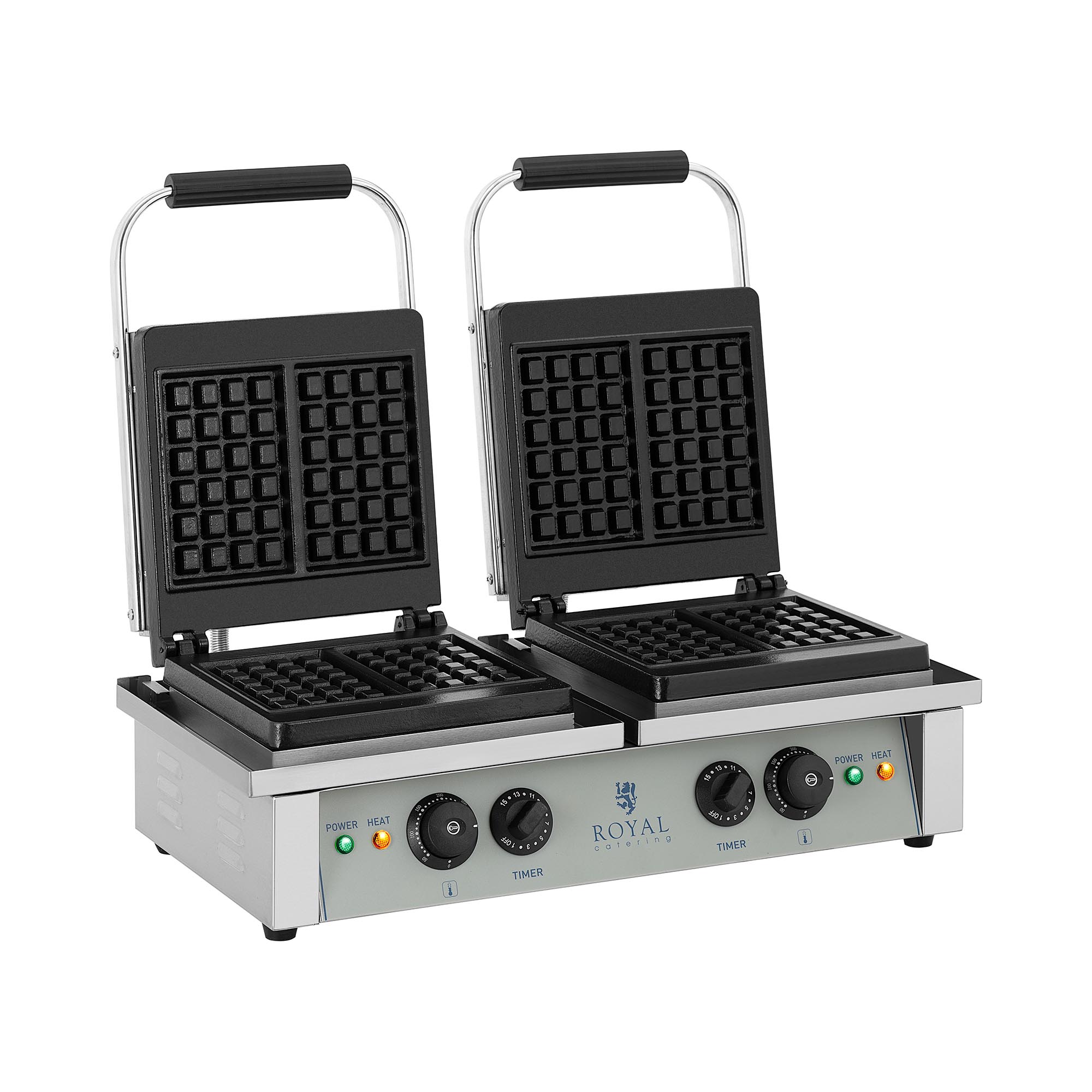 Bild von Royal Catering - Waffeleisen Waffelautomat Doppelt (rechteckig, 37 x 62,5 x 50 cm, 2x 2.000 W, 10 x 17 cm Waffel, 15 min Timer, Gusseisen & Emaille, Edelstahlgehäuse) Silber