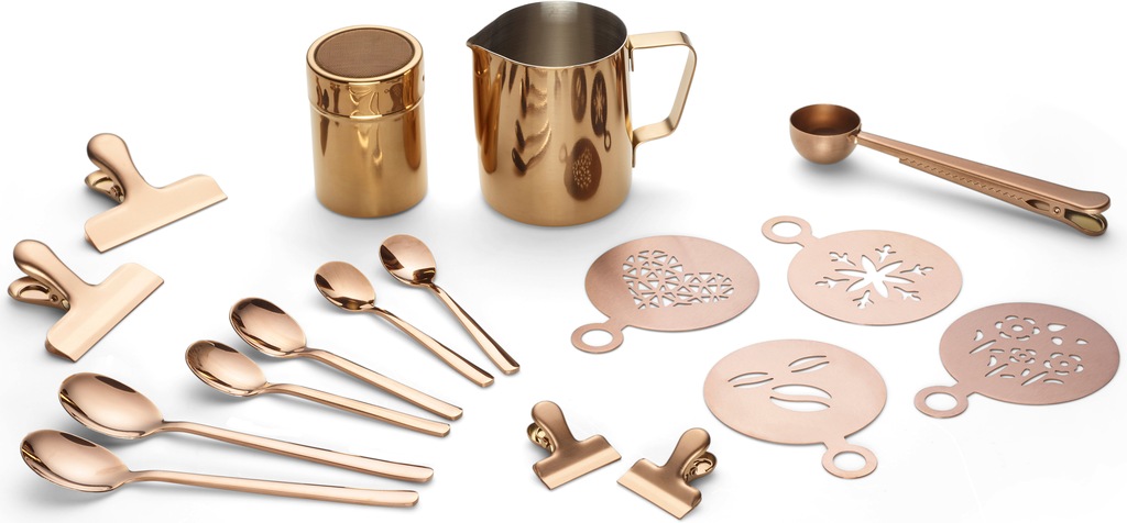 Bild von ECHTWERK Kaffeezubehör-Set, 23-tlg, Milchschaumkännchen 350 ml, Kakaostreuer, 4x Espresso-, 4x Cappuccino-, 4x Latte Macchiato-Löffel, 4x Kaffeeclips, EW-BA-3502K, Kupfer-edition