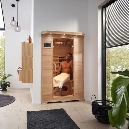 Bild von Home Deluxe - Infrarotkabine redsun m - 120 x 105 x 190 cm - für 2 Personen, 5 Keramikstrahler, Hemlocktanne i Infrarotsauna, Sauna, Wärmekabine,
