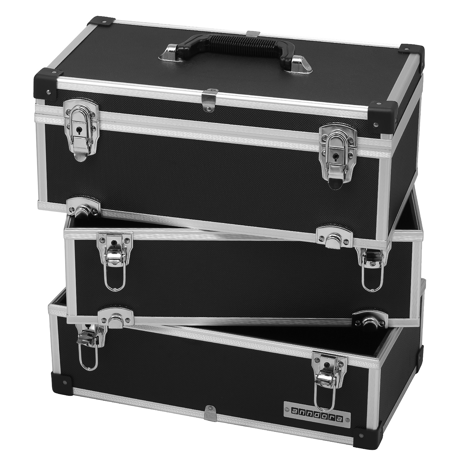 Bild von anndora® Werkzeugkoffer 32 Liter Angelkoffer Etagenkoffer 3 Ebenen Schwarz Alu