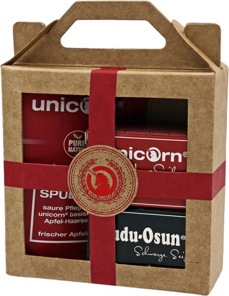 Bild von Unicorn Geschenk-Set mini-Apfel Haarseife 16g + sauer Sp&uuml;lung 10ml + Dudu Osun CLASSIC 25g rot