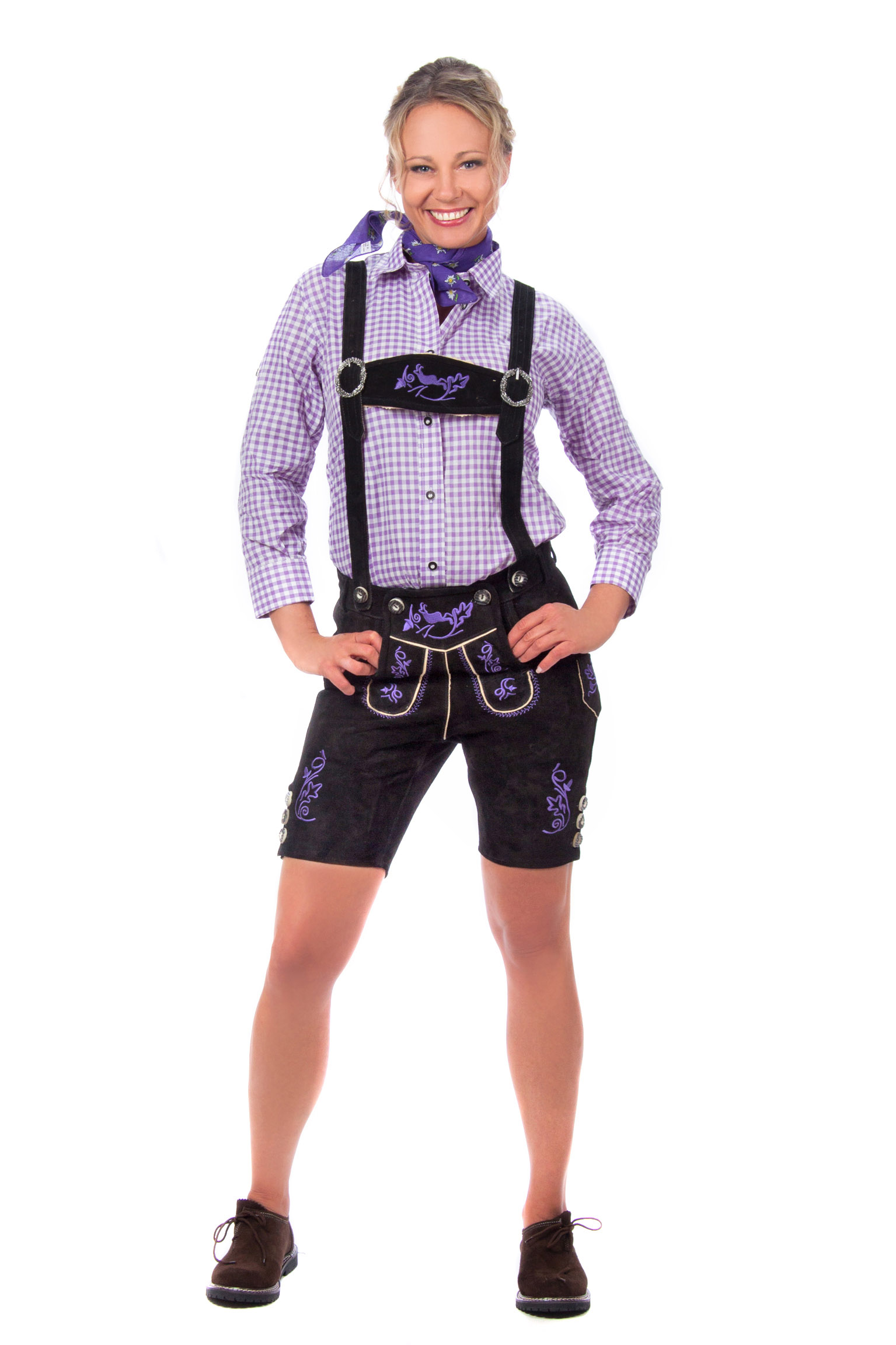 Bild von Kurze Damen Lederhose schwarz lila