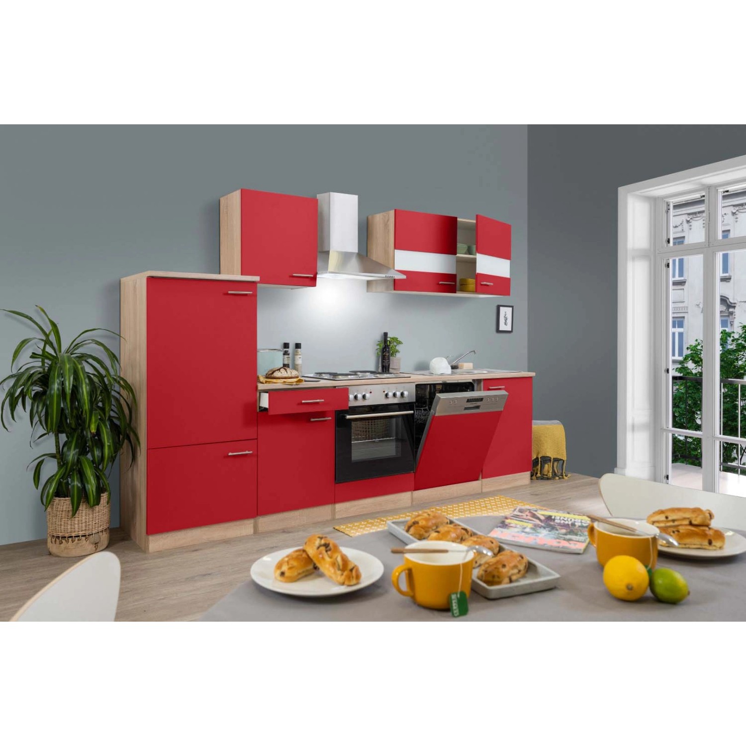 Bild von Respekta Küchenzeile ohne E-Geräte LBKB280ESR 280 cm Rot-Eiche Sonoma Sägerau