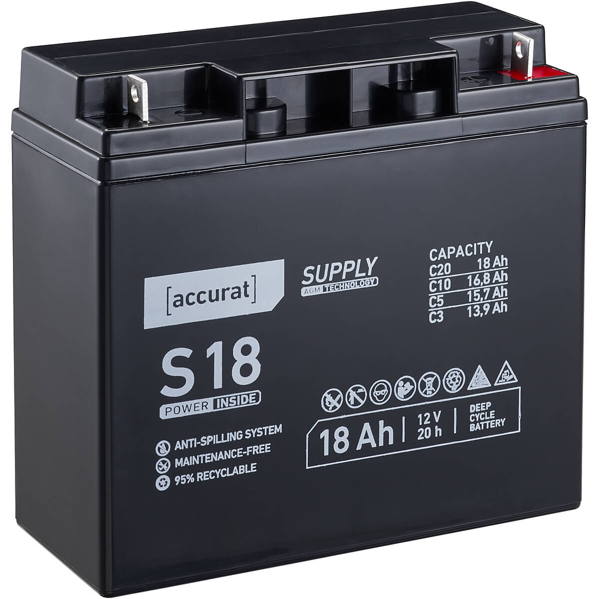 Bild von Accurat Supply AGM Solarbatterie S18-12V, 18Ah, 30% mehr Kapazität, zyklenfest- VRLA Versorgungsbatterie, Aufbaubatterie Wohnmobil, Wohnwagen Batterie, Bootsbatterie, Bleiakku für Camping