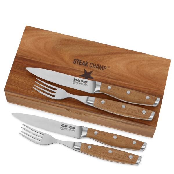 Bild von STEAK CHAMP Besteckset Paar - Akazienholz - in Massivholz Geschenkbox