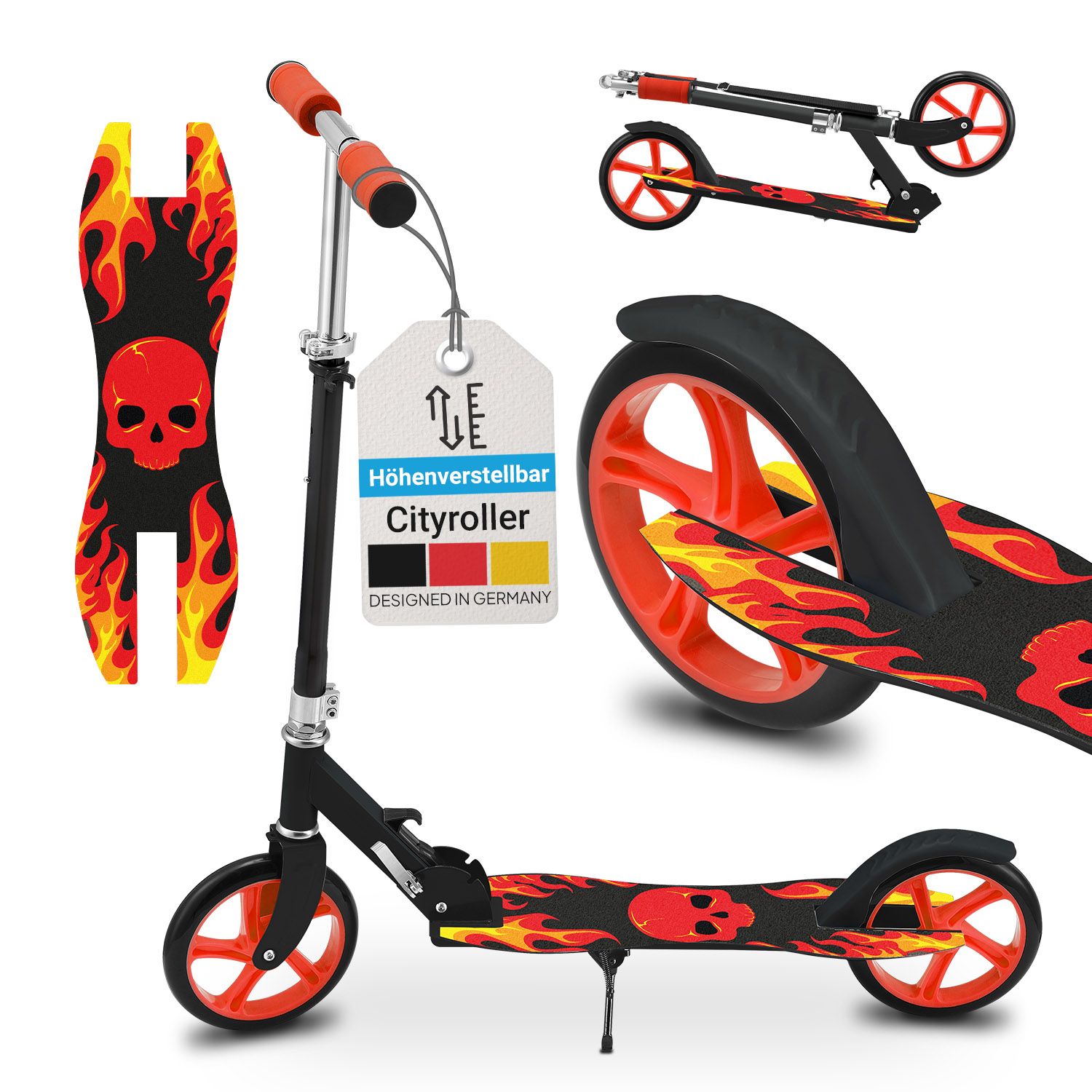 Bild von ArtSport Scooter Cityroller Fire Big Wheel 205 mm Räder klappbar & höhenverstellbar - Kinder-Roller ab 3 Jahre - Tretroller bis 100 kg - schwarz/rot