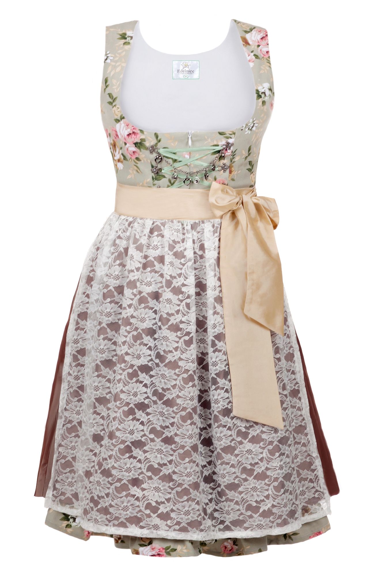 Bild von Edles Midi Dirndl 2-tlg. Blumen exclusive inkl. Spitzen Schürze Gr. 32-52, Braun, 34