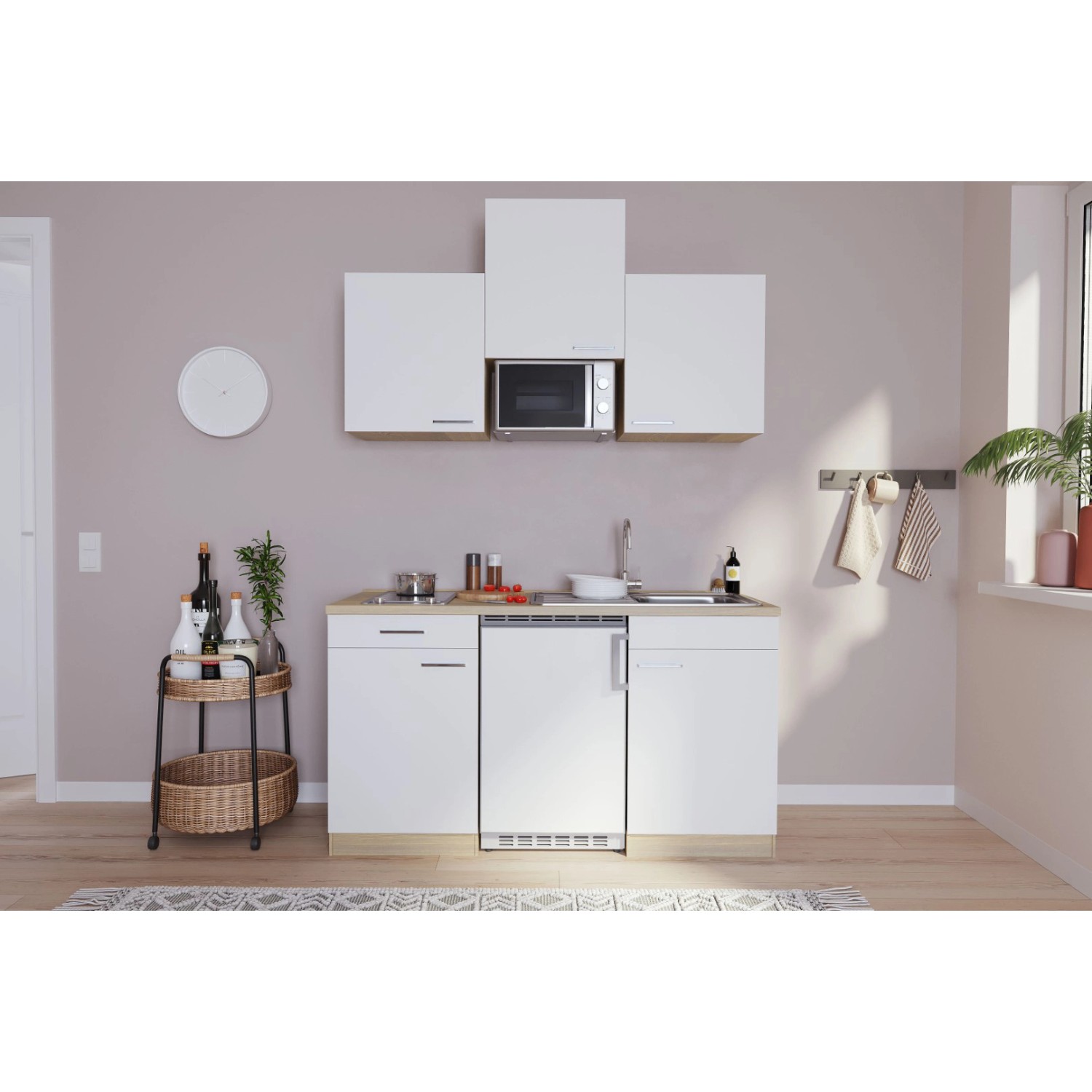 Bild von Respekta Küchenzeile KB150ESWMIC 150 cm Weiß-Eiche Sägeräu Nachbildung