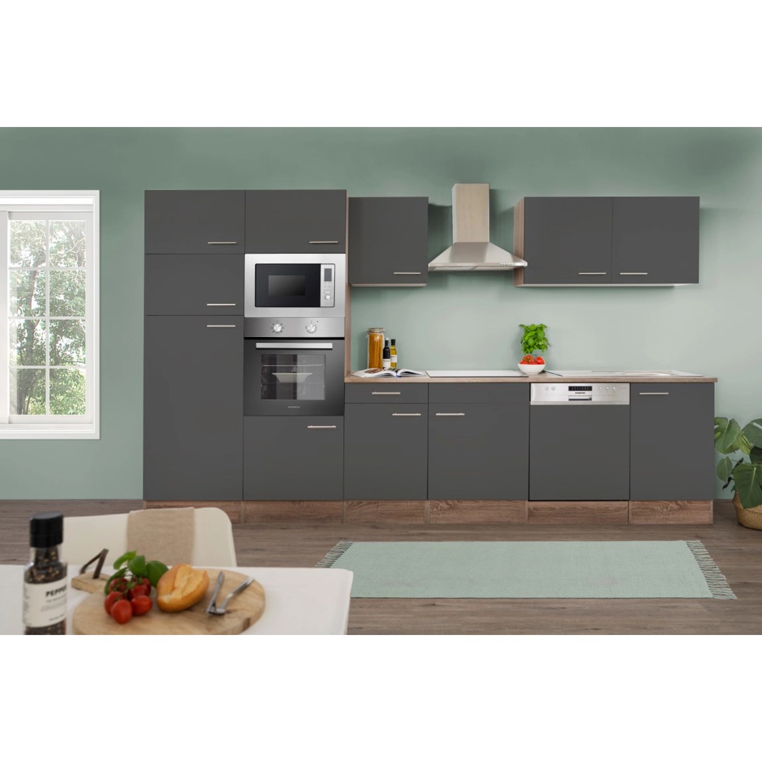 Bild von Respekta Küchenzeile KB340EYGMIGKE 340 cm Grau Seidengl.-Eiche York Nachbildung