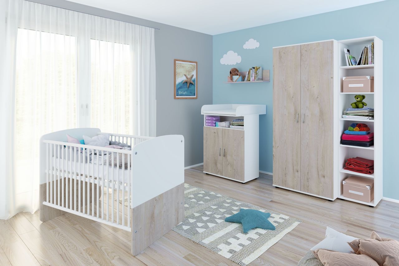 Bild von nonjoo. Babyzimmer Hanna Set 5: best. aus Babybett, Kommode, Wickelaufsatz, Wandboard, Regal mit 6 Fächern und Kleiderschrank 2-trg.