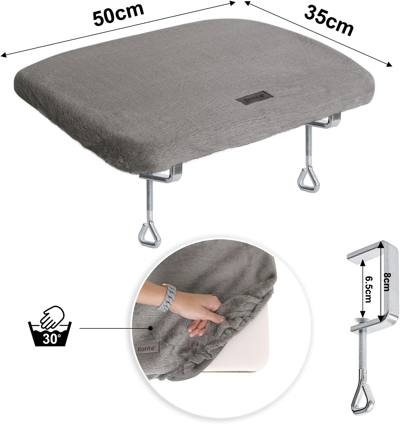 Bild von lionto Fensterliege für Katzen gepolstert aus Plüsch, 35x50 cm, Katzenbett für Fensterbänke, Montage ohne Bohren, Abnehmbarer und waschbarer Bezug, belastbar bis 15 kg, hellgrau
